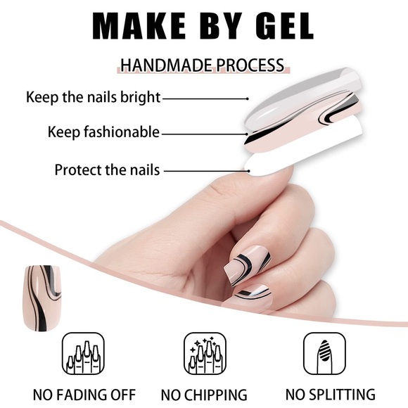 24 Glossy False Nails w/Glue Full Cover Acrylic Press On Nails Black French Line - Picture 3 of 8